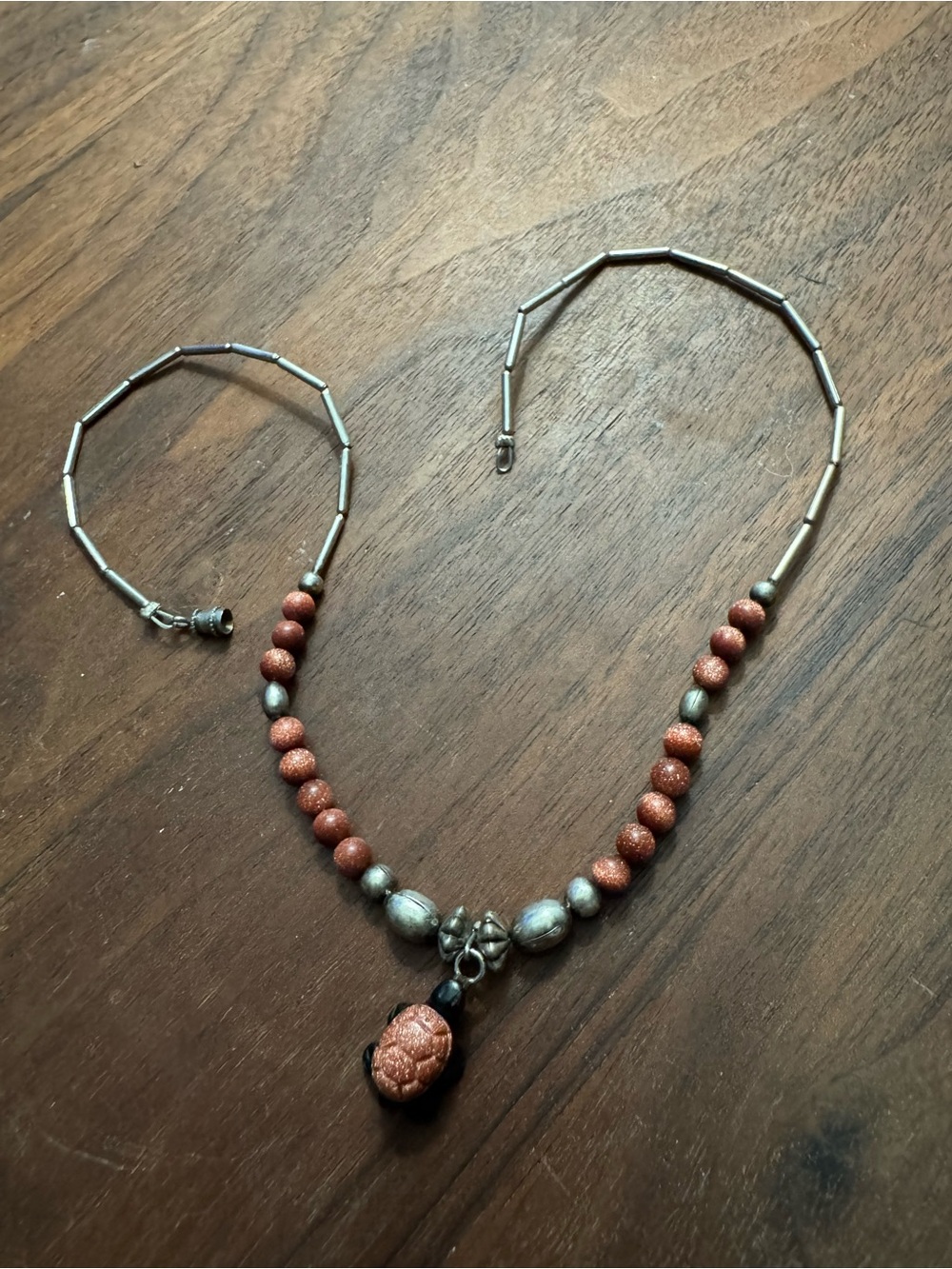 Silvertoned Chinese Feng Shui Goldstone Beaded Carved Turtle Necklace *READ*